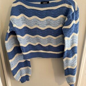 Cider Blue and Cream Wavy-Stripe Open-Knit Crew Sweater